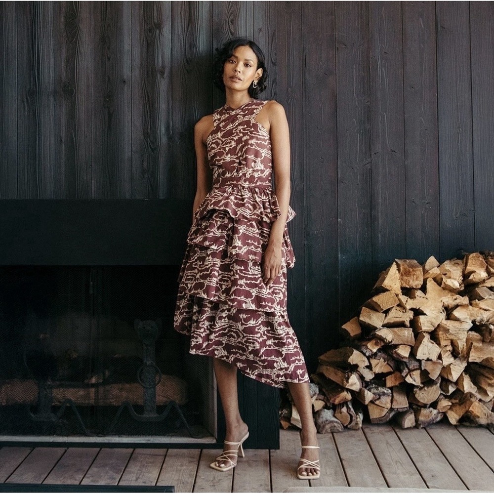 Cleobella‎ Y-Neck Tiered Asymmetric Carson Midi Dress Womens Large Brown Organic